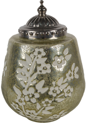 Candela cu led sticla verde alba metal argintiu 13x19 cm