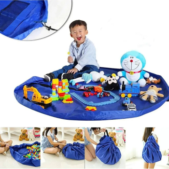 Covoras de joaca & Sac pentru jucarii 2in1 culoare Albastra diametru 150cm 