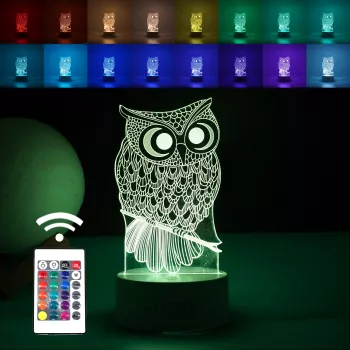Lampa LED decorativa 3D Click Cristal Ball Bufnita cu USB si baterii 20 cm inaltime din material acril lumina multicolora si telecoman 