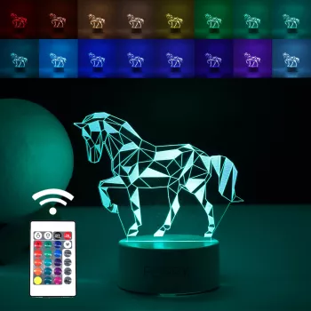 Lampa LED decorativa 3D Cal cu telecomanda doua moduri de alimentare USB si baterii 20 cm inaltime din material acril si lumina multic 