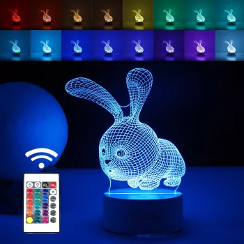 Lampa LED decorativa 3D Iepure cu USB si baterii 20 cm inaltime din material acril lumina multicolora si telecomanda inclusa alb 