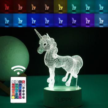 Lampa LED decorativa 3D Unicorn cu USB si baterii 20 cm inaltime din material acril lumina multicolora si telecomanda inclusa alb 