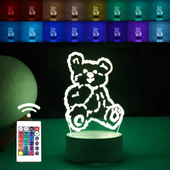 Lampa LED decorativa 3D Ursulet cu telecomanda doua moduri de alimentare USB si baterii 20 cm inaltime din material acril si lumina mu 