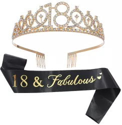Set 2 Piese pentru Majorat Flippy 15 x 13 x 5 cm Coronita Printesa Gold si Panglica 18 and Fabulous Negru 