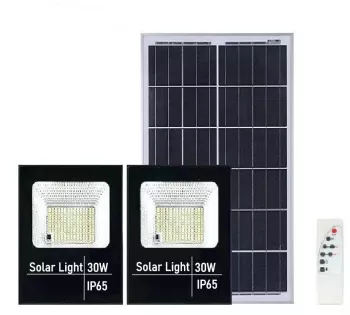 Set 2 proiectoare LED SMD 30W cu incarcare solara panou solar cu telecomanda suport prindere material ABS 1.2AH 200LED-uri 13x13.5 c 