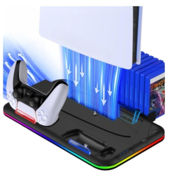Stand racire vertical pentru PlayStation PS5/PS5 Slim multifunctional Statie cu 2 porturi incarcare controllere suport casti cooler si 1