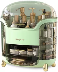Organizator cosmetice INVINCIO Retro stil vintage cu detalii aurii 9 spatii depozitare cu 2 sertare centrale si 5 laterale capac culisabi 
