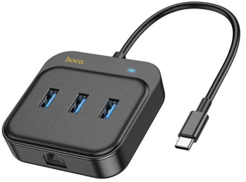 Adaptor USB-C la 3x USB3.0 + RJ45 0.2m - Hoco Easy Link HB35 - Black 