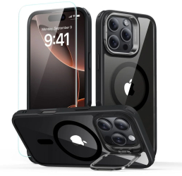 Husa pentru iPhone 16 Pro + Folie - ESR Classic Hybrid HaloLock Kickstand - Clear Black 
