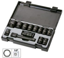 SET 13 PIESE. TUBULARE DE IMPACT DE 1/2 HEX. + ADAPTOR JBM 