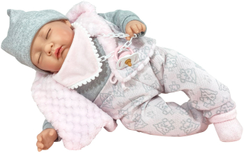 Papusa Artizanala Nines dOnil cu miros de vanilie care vorbeste - Snow nou-nascut care doarme in cutie 45 cm 