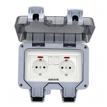 Priza dubla exterior INNOVIX Model Standard European 250V/16A IP66 rezistenta la apa si praf gri cu intrerupatoare individuale 