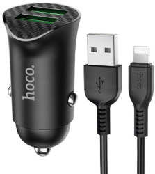 Incarcator Auto 2x USB QC3.0 18W + Cablu Lightning 1m- Hoco Z39 Farsighted Black 