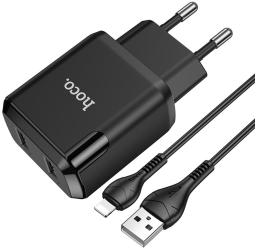 Incarcator de Retea 2xUSB-A 10W 2.1A + Cablu Compatibili Lightning I410 Negru 