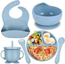 Set 6 piese hranire bebelusi si copii DEWIFIER® set de diversificare din silicon fara BPA fara alergeni ce contine bol cu ventuza f 