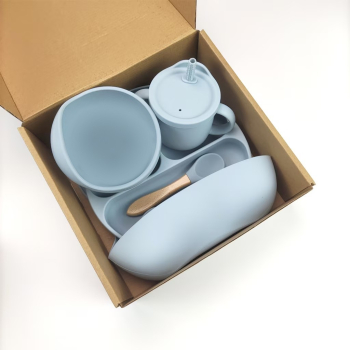 Set Diversificare din silicon bavetica farfurie pahar 2 in 1 bol ventuza lingurita furculita pai fara BPA albastru deschis 