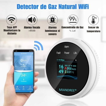 Detector Wi-Fi pentru Gaz Natural si GPL MIANDREE® Smart Semnal Luminos si Acustic Senzor de Temperatura Aplicatie TUYA Ecran LCD 