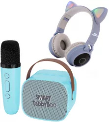 Set microfon karaoke copii SMART TabbyBoo MK1 cu difuzor separat microfon wireless portabil pentru petrecere player MP3 microSD card