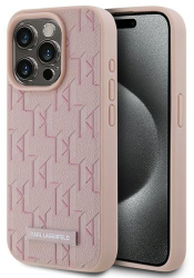 Husa iPhone 15 Pro Max - Karl Lagerfeld Leather MagSafe KLHMP15XPKHPORPP - Pink Monogram Metal Logo 