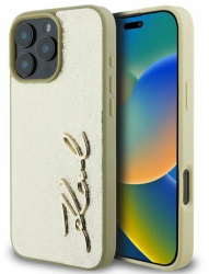 Husa iPhone 16 Pro Max - Karl Lagerfeld Hardcase Leather KLHCP16XPFMFBKMD - Gold Metal Signature 