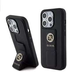 Husa pentru iPhone 15 Pro Max - Guess Grip Stand 4G Saffiano Strass GUHCP15XPGSSADK - Black 