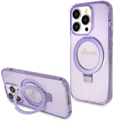 Husa pentru iPhone 15 Pro Max - Guess Ring Stand Script Glitter MagSafe GUHMP15XHRSGSU - Purple 