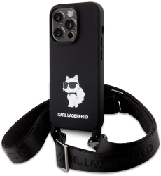 Husa pentru iPhone 15 Pro Max - Karl Lagerfeld Silicone Crossbody KLHCP15XSCBSCNK - Choupette 