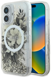Husa pentru iPhone 16 - Guess Liquid Glitter Flower MagSafe GUHMP16SLFMWTE - Beige 