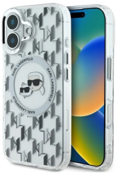 Husa pentru iPhone 16 - Karl Lagerfeld IML MagSafe KLHMP16SHMCKMHT - Transparent Monogram Karl&Choupette Head 