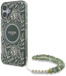 Husa pentru iPhone 16 Plus - Guess IML Flowers Allover Electro With Pearl Strap MagSafe GUHMP16MHCPOFPA - Green 