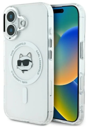 Husa pentru iPhone 16 Plus - Karl Lagerfeld IML MagSafe KLHMP16MHLSCHH - White Metal Choupettes Head 