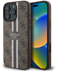 Husa pentru iPhone 16 Pro - Guess Hardcase 4G Printed Stripes MagSafe GUHMP16LP4RPSW - Brown 