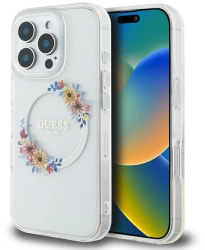 Husa pentru iPhone 16 Pro - Guess IML Flowers Wreath MagSafe GUHMP16LHFWFCT - Clear 