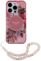 Husa pentru iPhone 16 Pro Max - Guess IML Flowers with Pearl Strap MagSafe GUHMP16XHFWBRCESP - Pink 