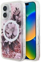 Husa pentru iPhone 16 - Guess Liquid Glitter Flower MagSafe GUHMP16SLFMWTP - Pink 