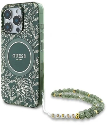 Husa pentru iPhone 16 Pro - Guess IML Flowers Allover Electro With Pearl Strap MagSafe GUHMP16LHCPOFPA - Green 