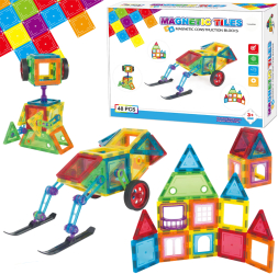 Set de Constructie Magnetic Tiles 3D 48 Piese colorate Jucarie Creativa si Educationala STEM VisionHub® multiple forme de constructi 