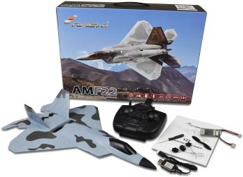 Avion RC cu telecomanda F-22 / Gyroscop care stabilizeaza zborul / Lungime 45.2 cm / Anvergura 32 cm / 2 4GHz / 3 canale / LED / RTF / 14+ 