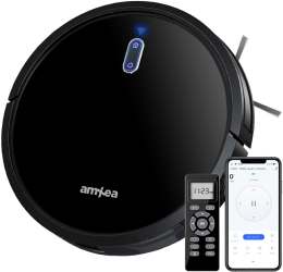 Aspirator robot amXea D362 Negru Wi-Fi app multi-suprafete curatare umeda/uscata perie centrala 5 programe curatare senzori anti-cader 