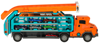 Set de joaca camion transportator cu pista de lansare si 6 masinute 
