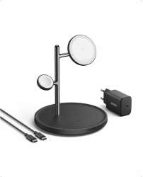 Incarcator wireless magnetic Anker MagGo 3in1 15W Qi2 iPhone 15/14/13 AirPods Pro Apple Watch Ultra incarcator si cablu USB-C inclus Negru 