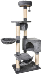 Ansamblu de joaca pentru pisici cu platforme culcusuri si ciucure gri si bej 60x40x154 cm 