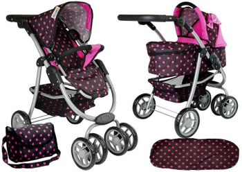 Carucior pentru papusi negru cu buline roz 2 in 1 LeanToys 7706