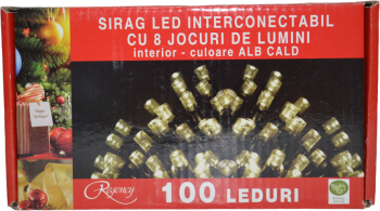 Instalatie de Craciun sirag luminos interconectabil cu 8 jocuri de lumini 100 LED-uri alb calde 5 m 