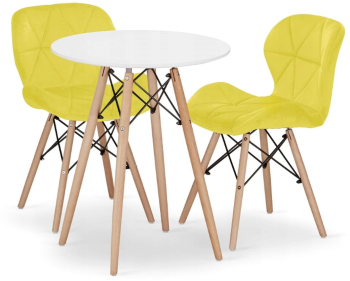 Set masa rotunda stil scandinav + 2 scaune Lago catifea Artool MDF si lemn alb si galben 60x72 cm 