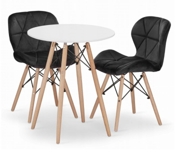 Set masa rotunda stil scandinav + 2 scaune Lago catifea Artool MDF si lemn alb si negru 60x72 cm 