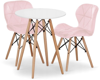 Set masa rotunda stil scandinav + 2 scaune Lago catifea Artool MDF si lemn alb si roz 60x72 cm 