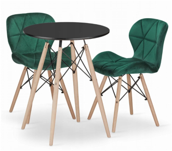Set masa rotunda stil scandinav + 2 scaune Lago catifea verde Artool MDF negru si lemn 60x72 cm 