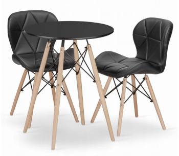 Set masa rotunda stil scandinav + 2 scaune Lago piele ecologica Artool MDF si lemn negru 60x72 cm 