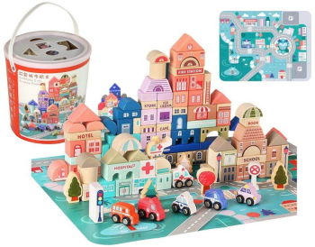 Set oras tip puzzle din lemn pentru copii blocuri cu numere si litere 135 buc LeanToys 9830 